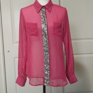 Pink long sleeve sheer button down blouse medium